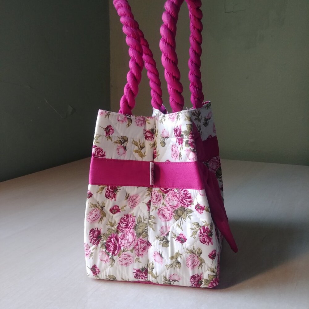 100% cotton white with pink and green floral pattern tote bag - Picture 4 of 13